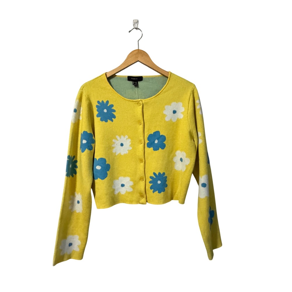 Forever 21+ Womens Yellow Floral Button Front Cropped Cardigan Sweater 2X NWT